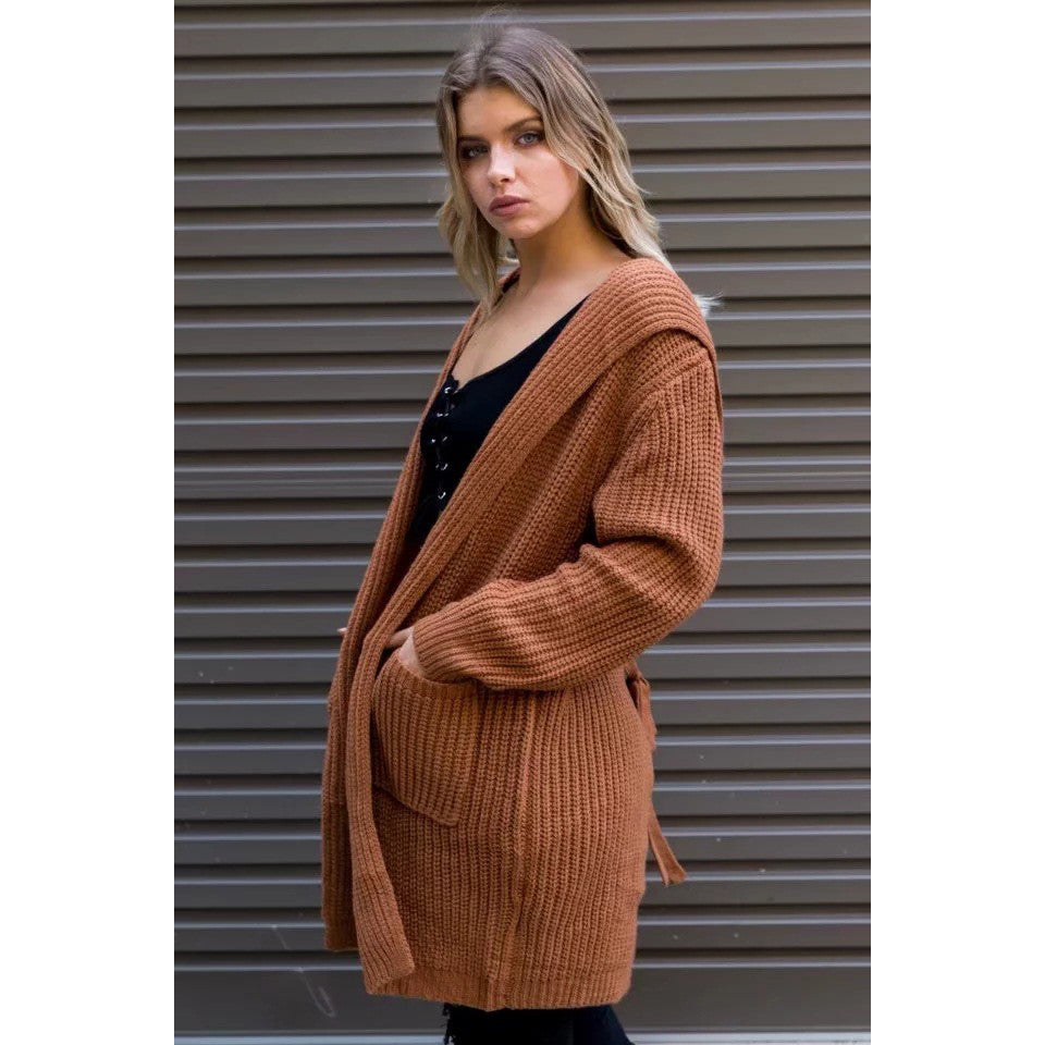Loose Pure Color Pocket Hooded Long Loose Cardigan
