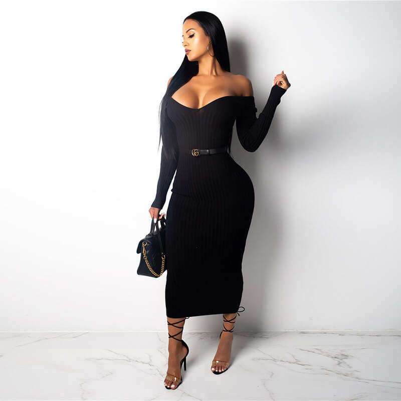 Plain V Neck Knit Bodycon Dress