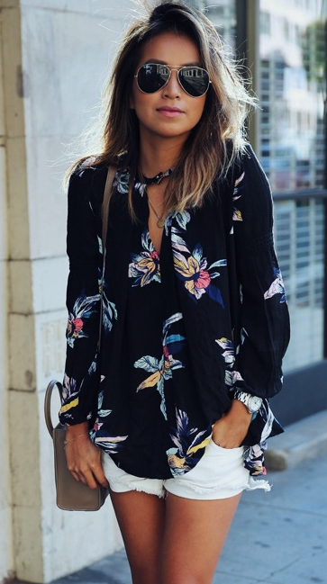 Flower Print Irregular Chiffon Long Sleeves Plus Size Blouse