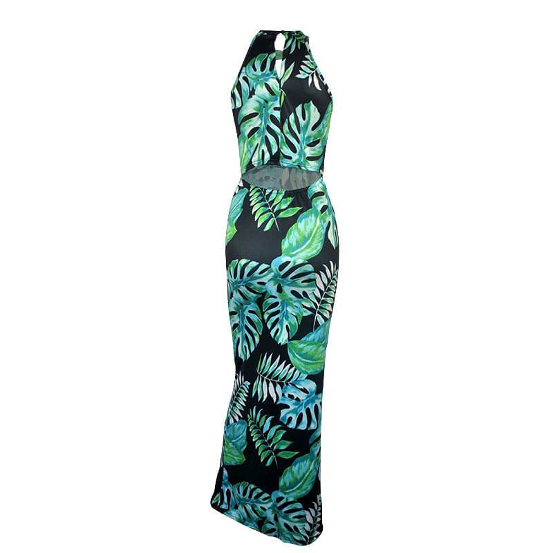 Leaves Printed Long Beach Dress