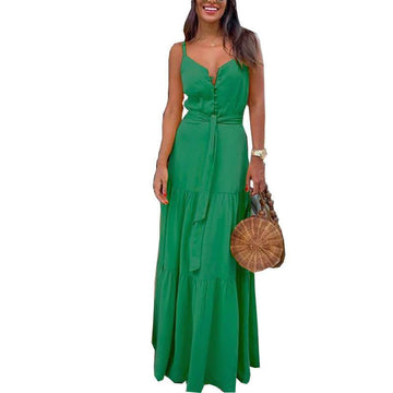 Pure Color Tie Waist Sling Long Beach Dress