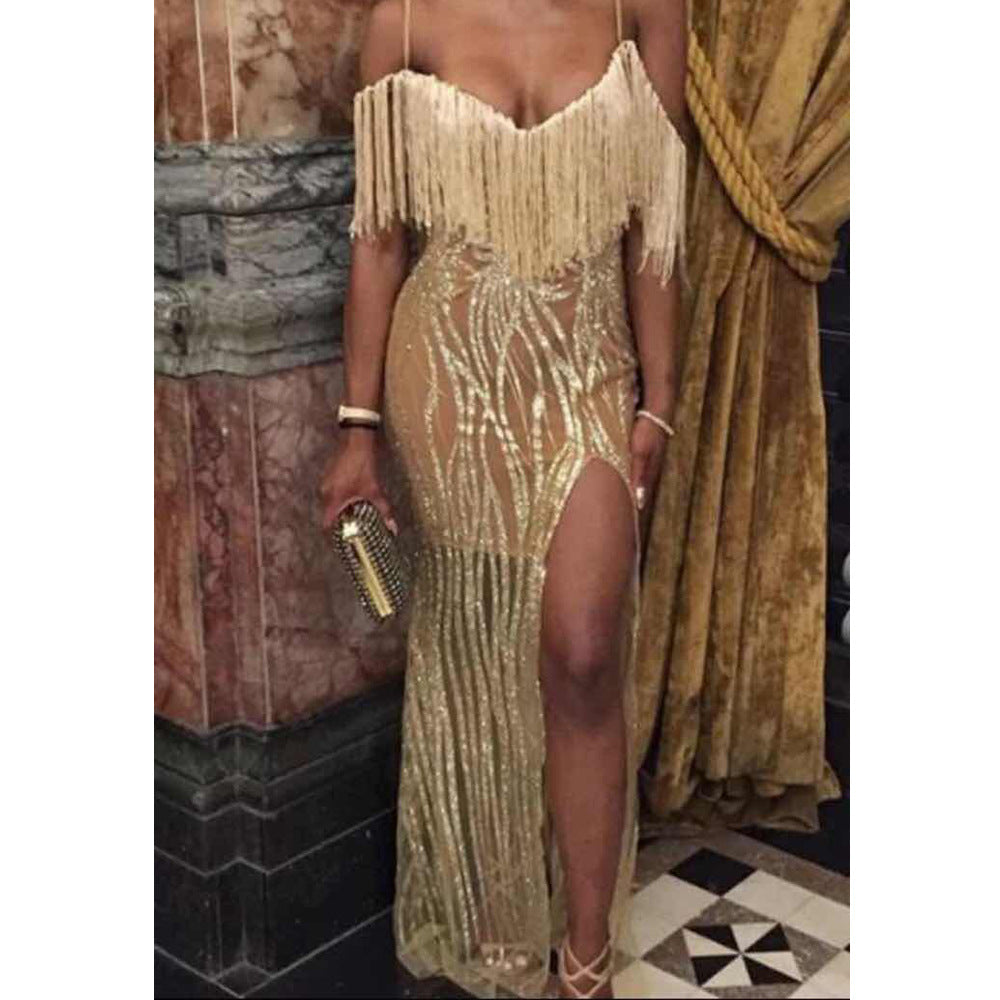 Tassels Spaghetti Straps V-neck Split Floor Length Party Dress