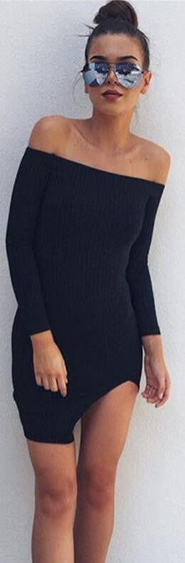 Off Shoulder Long Sleeve Split Bodycon Short Black Dress