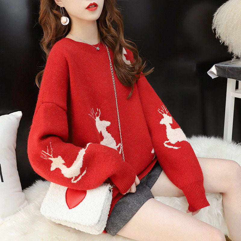 Loose Raglan Sleeve Reindeer Christmas Sweater