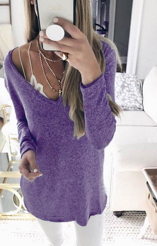 Candy Solid Color V-neck Casual Loose Women Pullover Sweater