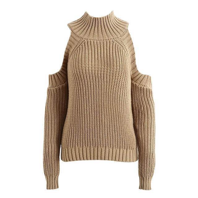 Cold Shoulder Knitted Soild Sweater