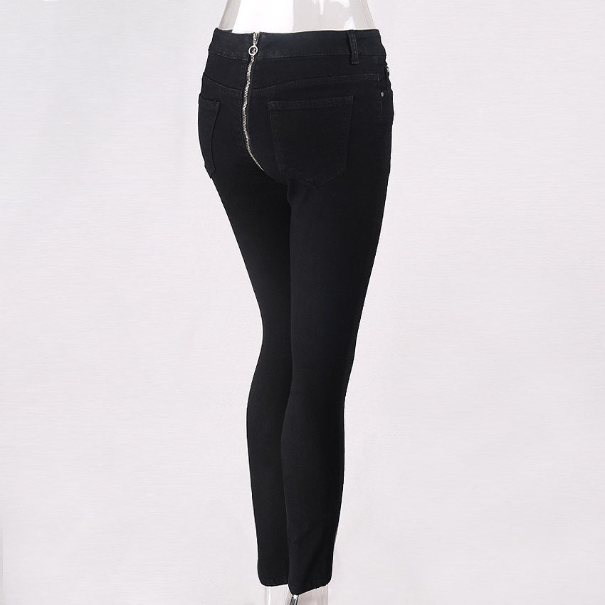 Back Hip Zipper High Waist Slim Long Skinny Jeans Pants