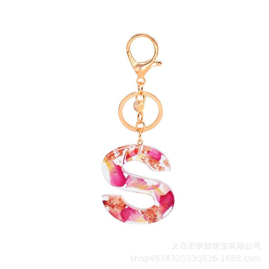 Rose Petal Resin Letter Key Chain