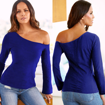 One Shoulder Slim Pure Color Long Sleeves Slim Blouse