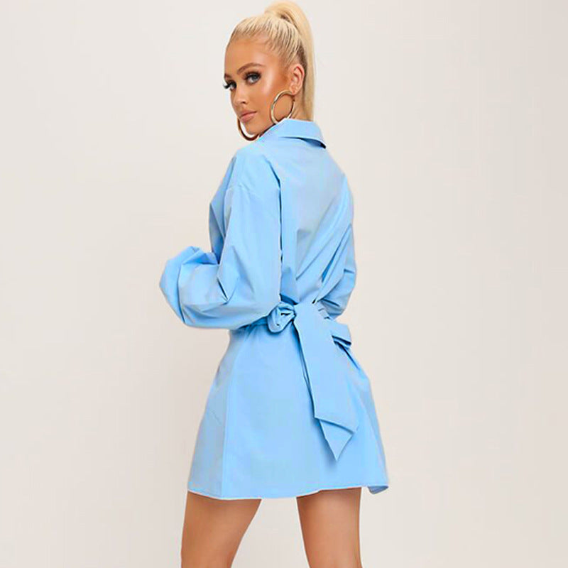 Plain Button Long Sleeve Belt Shirt Dress