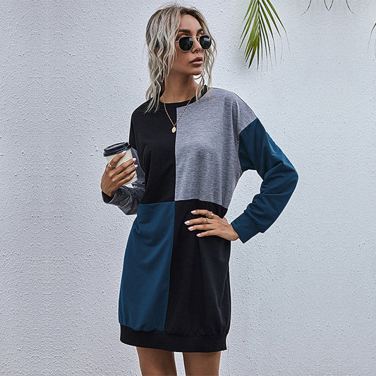 Long Sleeve Contrast Stitching Round Neck Sweater Dress