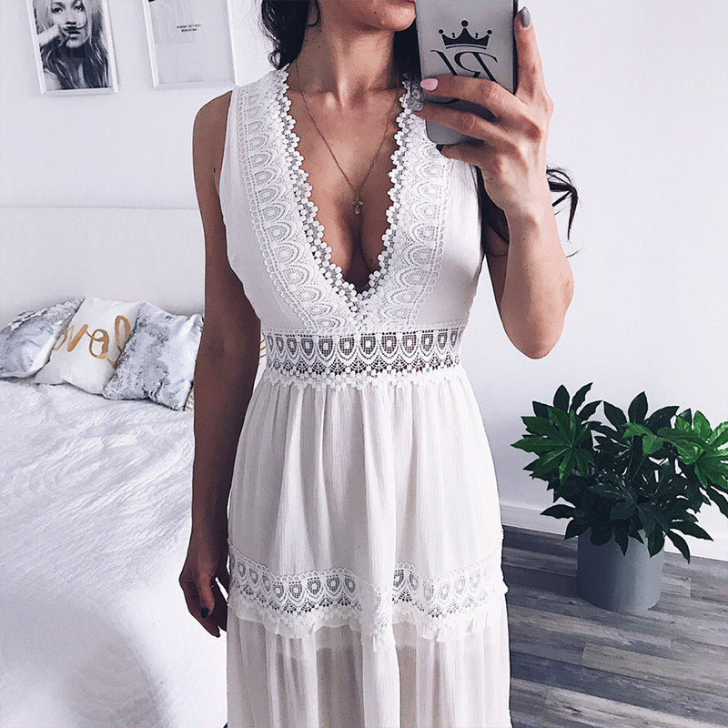 Beach Lace Patchwork Sleeveless Backless Maxi Dress