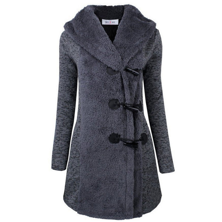 Horn Button Hooded Long Sleeves Slim Mid-length Coat