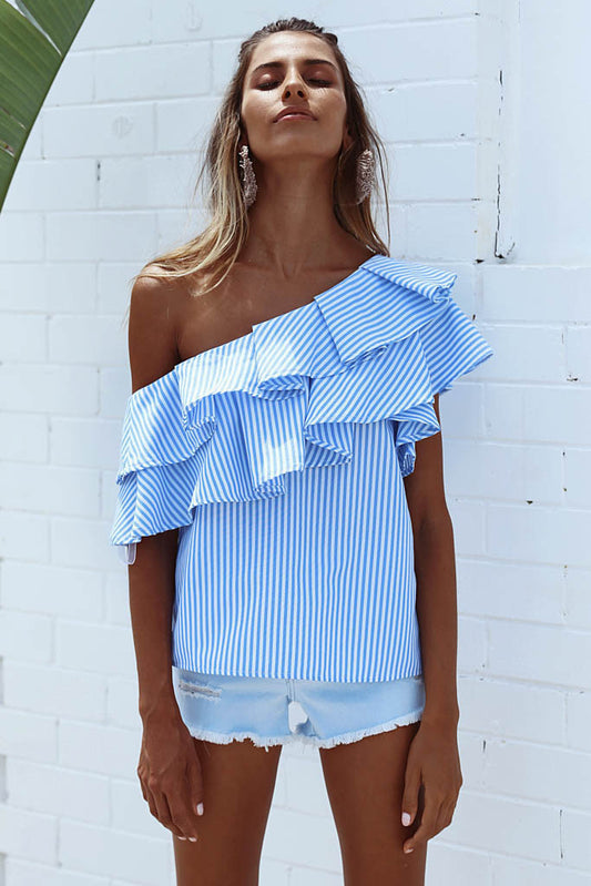 Striped One Shoulder Short Sleeves Loose Blouse