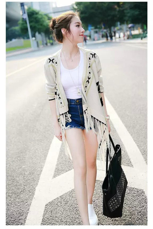 V-neck Pure Color Long Sleeves Geometry Print Cardigan