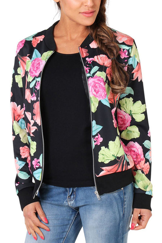 Flowers Print Stand Collar Patchwork Short Coat Jacket