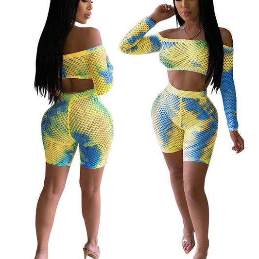 Patchwork Crop Top High Waist Shorts Set