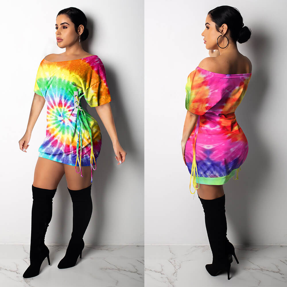 Multicolor Lace Up T Shirt Short Dress