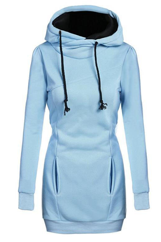 SlIm Solid Color Drawstring High Neck Pocket Sport Long Hoodie