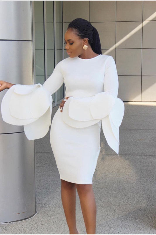 Pure Color Long Trumpet Sleeves Scoop Knee-length Dress