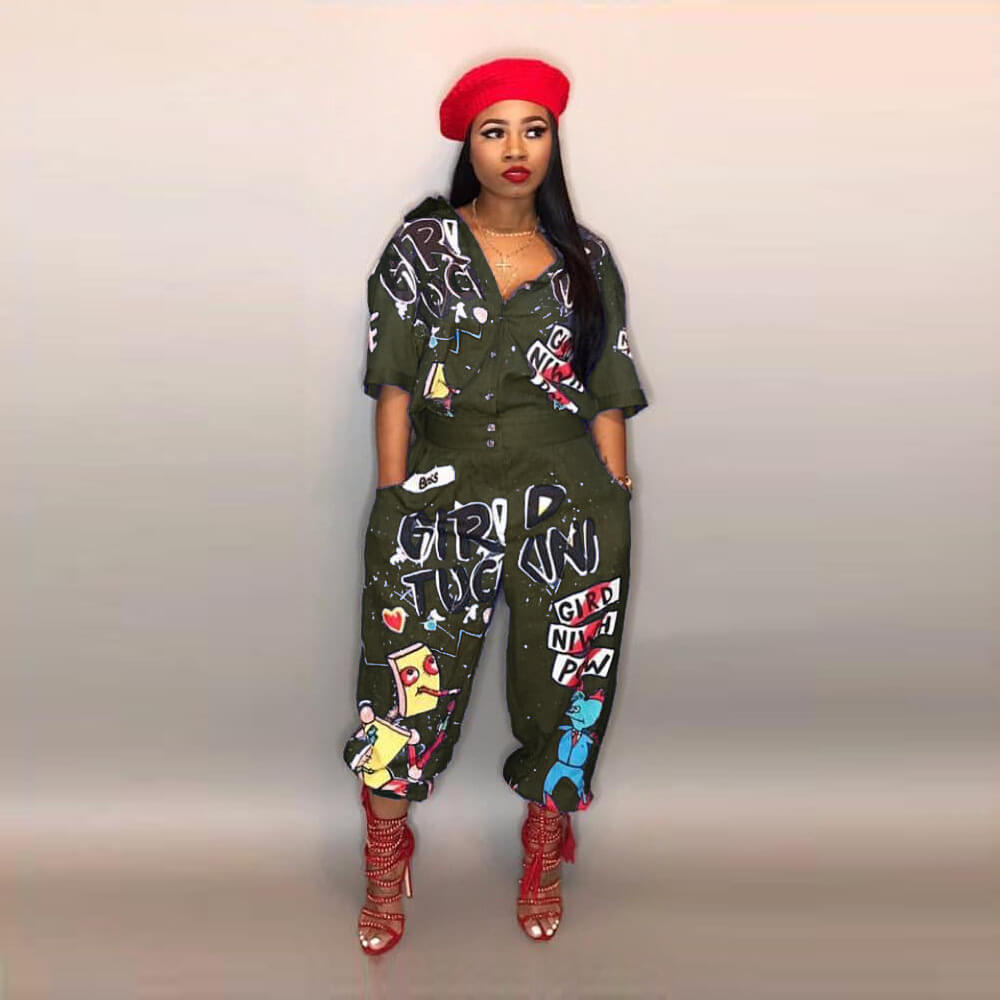 High Waist Graffiti Half Sleeve Jumpsuits