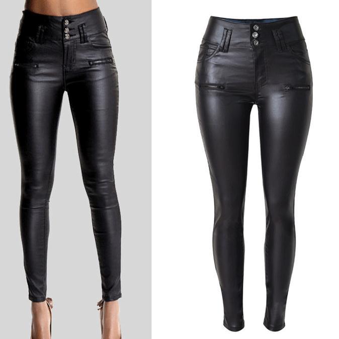 PU Leather High Waist Slim Elastic Pencil Pants and Waist band Pencil