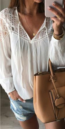 Lace Patchwork V-neck Casual Pure Color Blouse