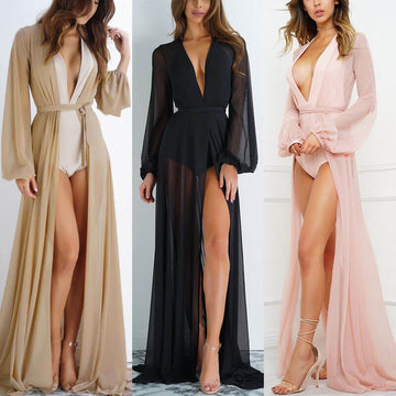 Beach Cover Up Mesh Long Sleeve Maxi Dress