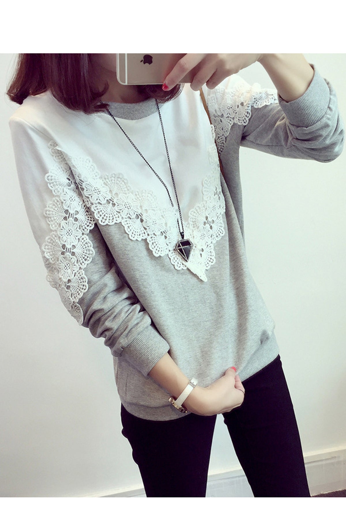 Patchwork Lace Long Sleeves Scoop Loose Blouse