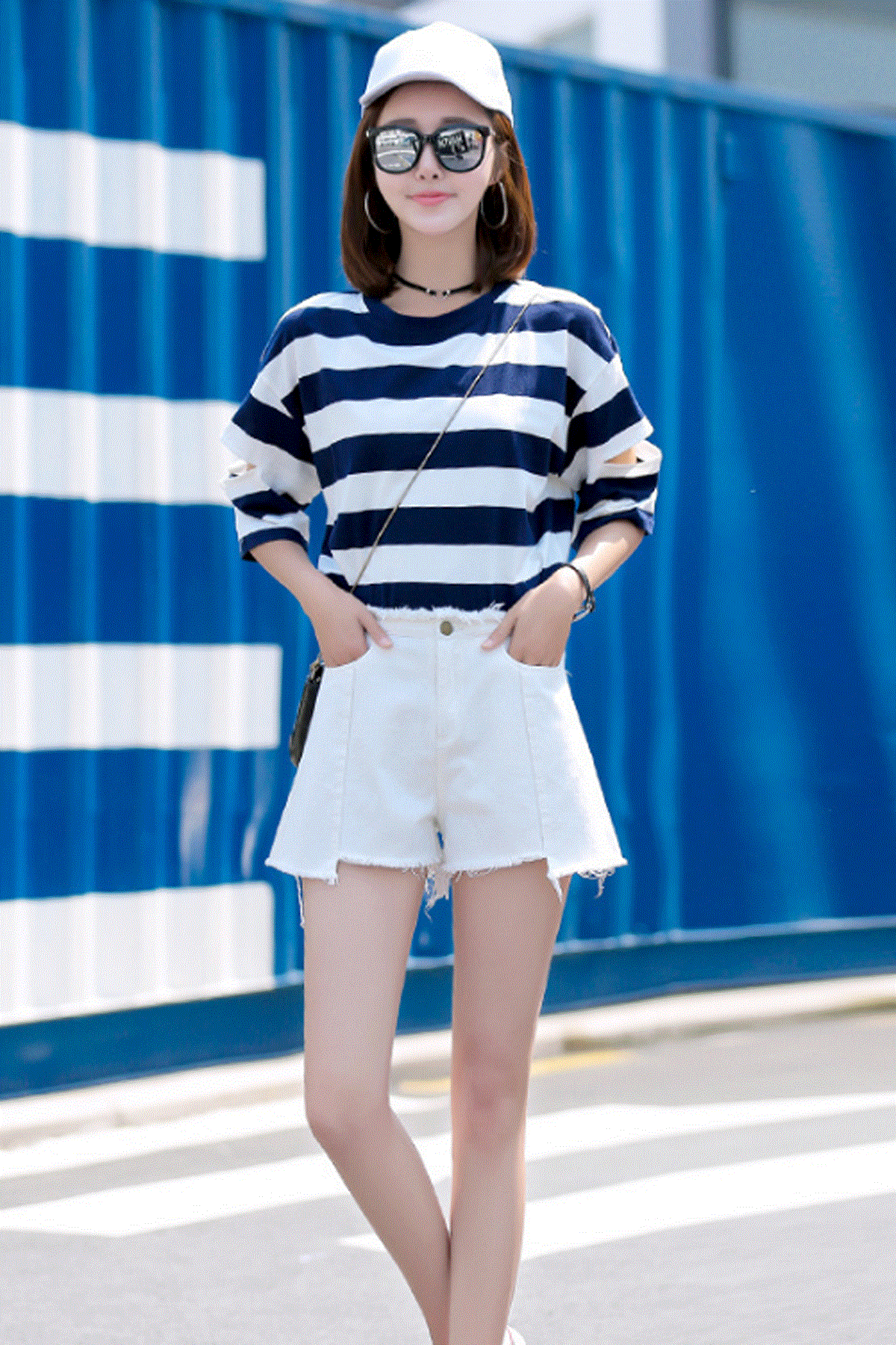 High Waist Pure Color Patchwork Denim Shorts