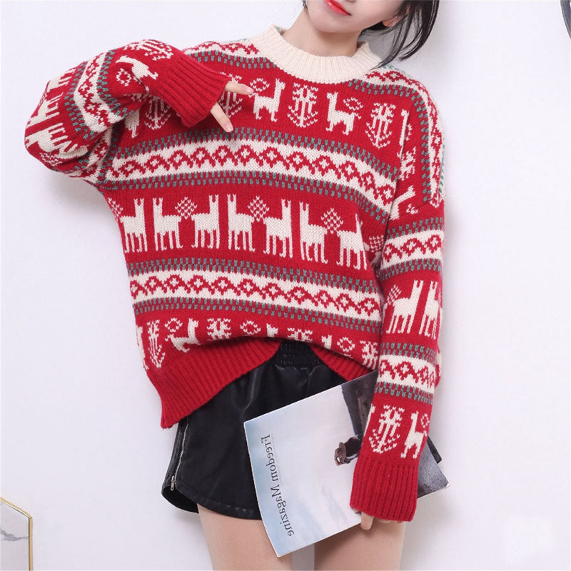 Slouchy Striped Reindeer Christmas Pullover Sweater  