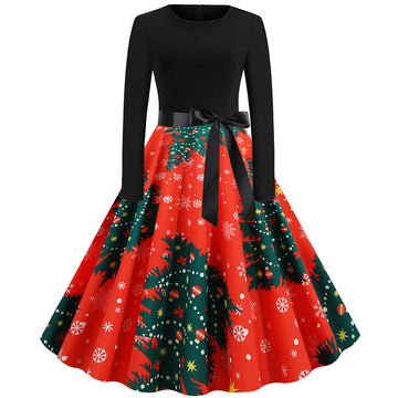 Retro Christmas Print Patchwork Swing Dress