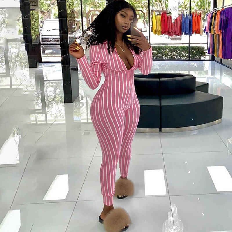 Fluorescent Color Striped V-neck Jumpsuit