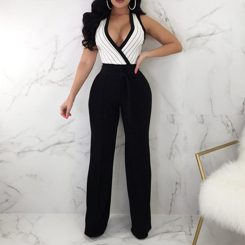 Sleeveless Wide Leg Stripe V Neck Jumpsuits