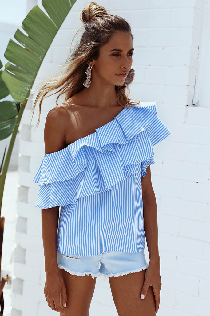 Striped One Shoulder Short Sleeves Loose Blouse