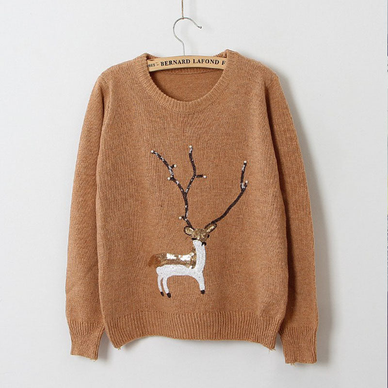 Sequin Bead Reindeer Christmas Sweater