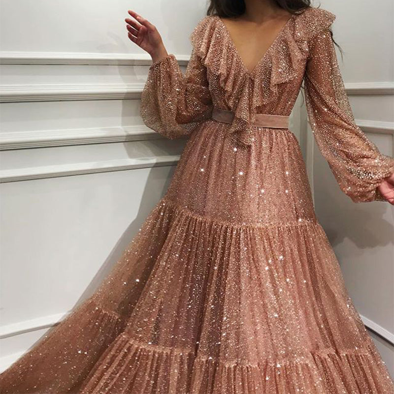 Pink Sequin Long Sleeve Flapper Maxi Tuxedo Dress