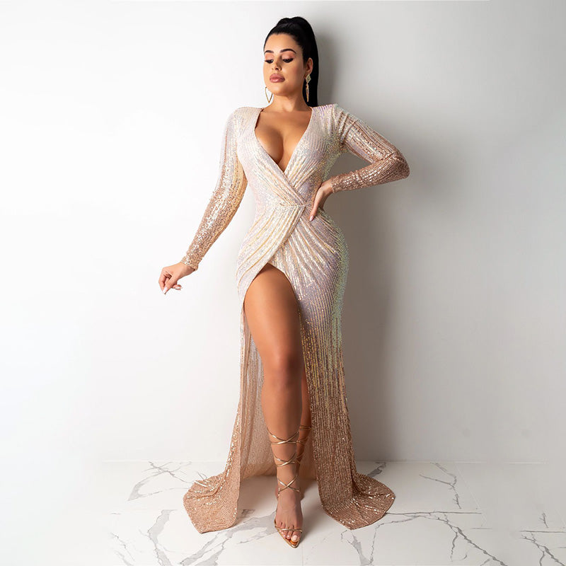 Sequin Slit High Waist Long Sleeve Maxi Dress