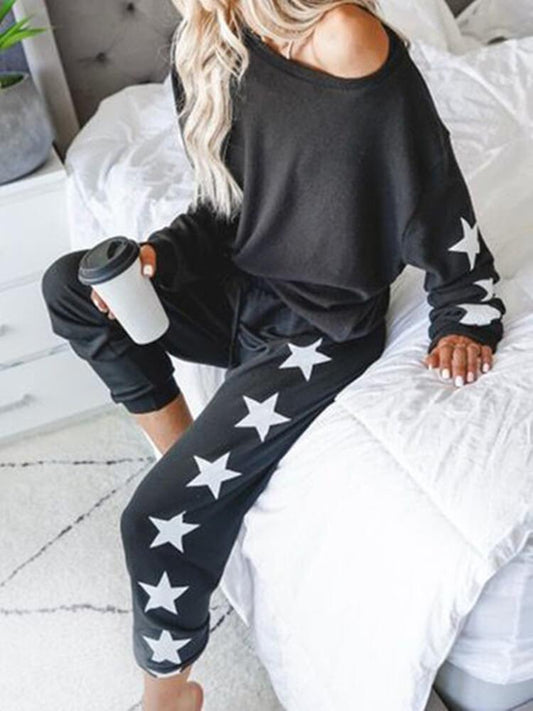 Casual Loose Long Sleeve Star Print Two Pieces Set