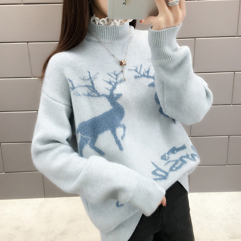 Lace Turtleneck Reindeer Christmas Sweater