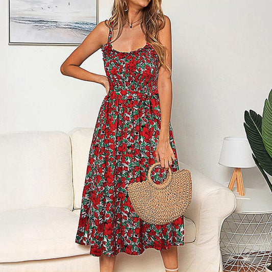 Boho Printed Button Decorated Midi Dress