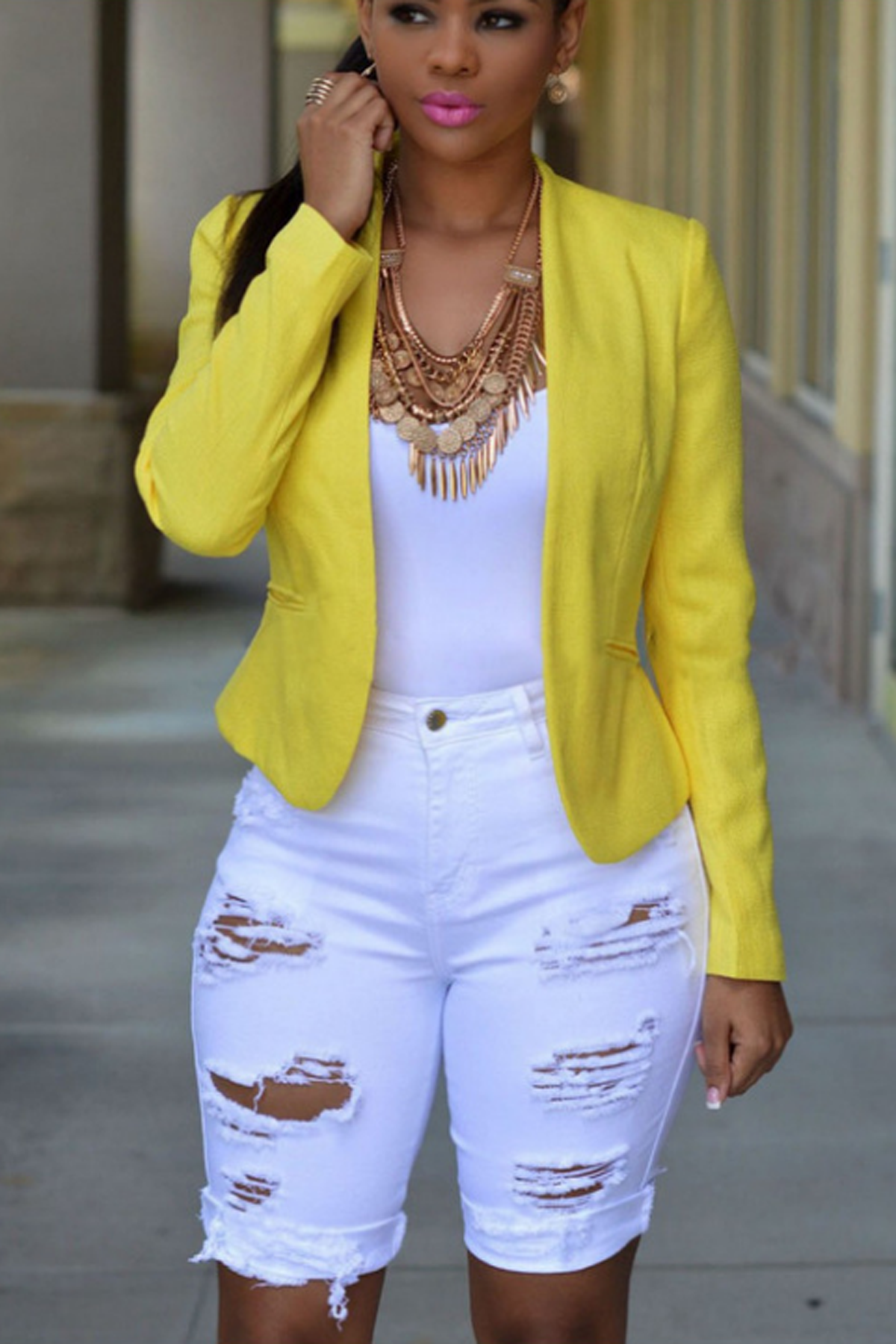High Waist Hole Pure Color Slim Denim Long Shorts