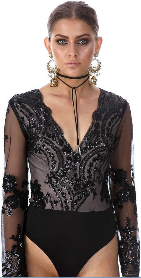 Sequins Embroidery Deep V-neck Long Sleeve Short Jumpsuit