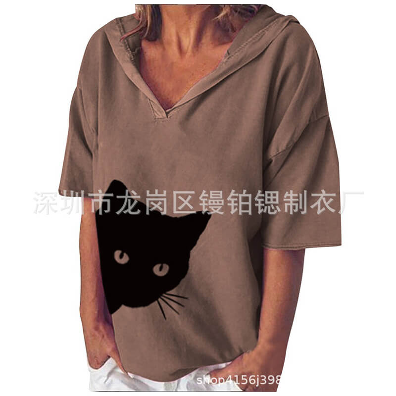 Hooded Print V-neck Loose T-shirt