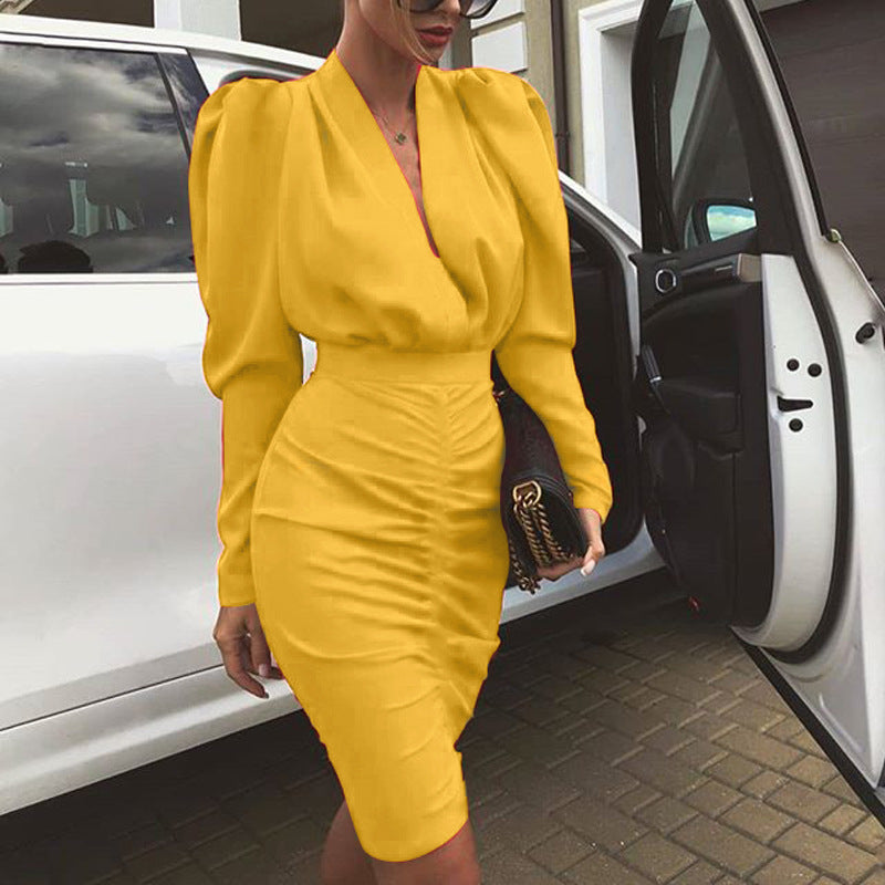 Plain Puff Sleeve V Neck Bodycon Dress