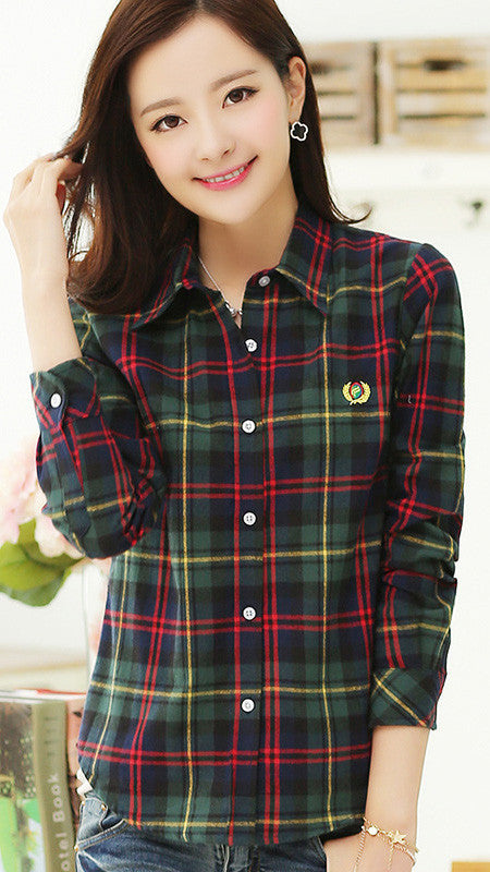 Plaid Turn-down Collar Flower Print Long Sleeves Slim Button Blouse