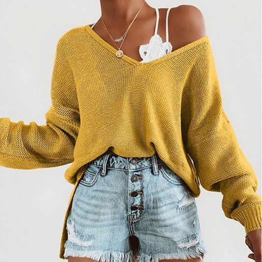 Oversized Pure Color V Neck Knit Top