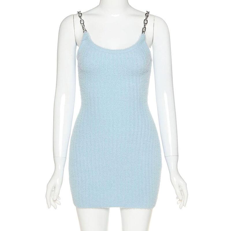 Chain Strap Soild Ribbed Bodycon Short Dress