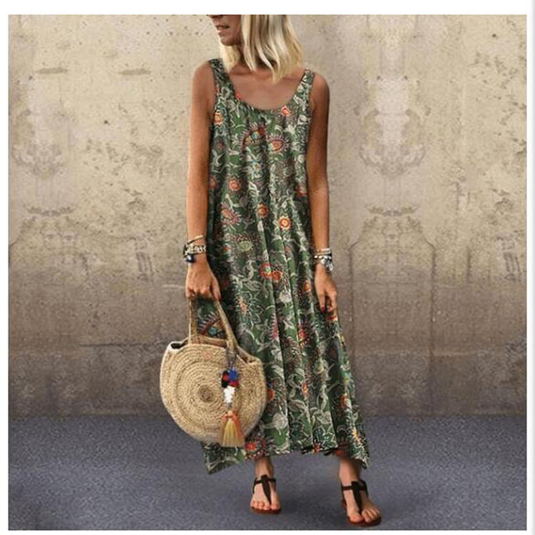 Printed Sleeveless Large Hem Plus Size Long Dress