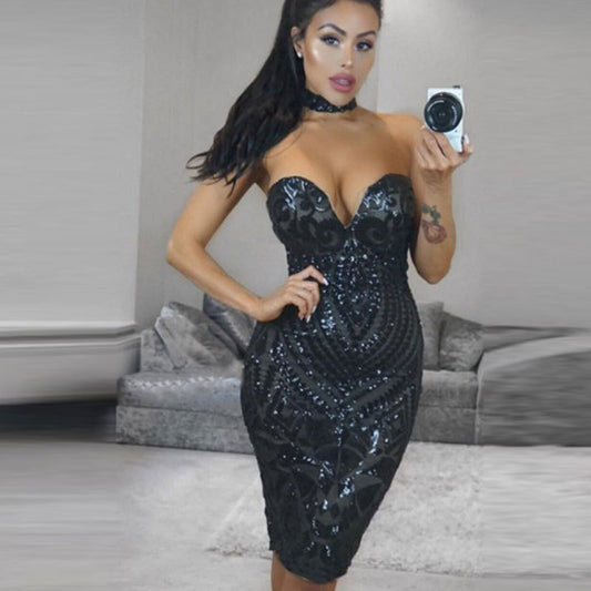 Sequin Strapless Bodycon Backless V Neck Dress